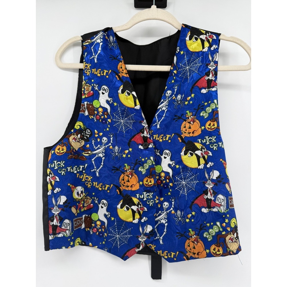 Vtg Looney Tunes Trick or Treat Halloween Blue Vest XL Sylvester Tweety Bugs 90s